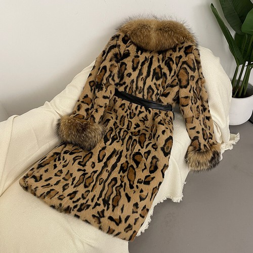 Chaqueta de piel de conejo real estampada de leopardo para mujer abrigos con cinturón cuello de piel de zorro trinchera - Imagen 19 de 23