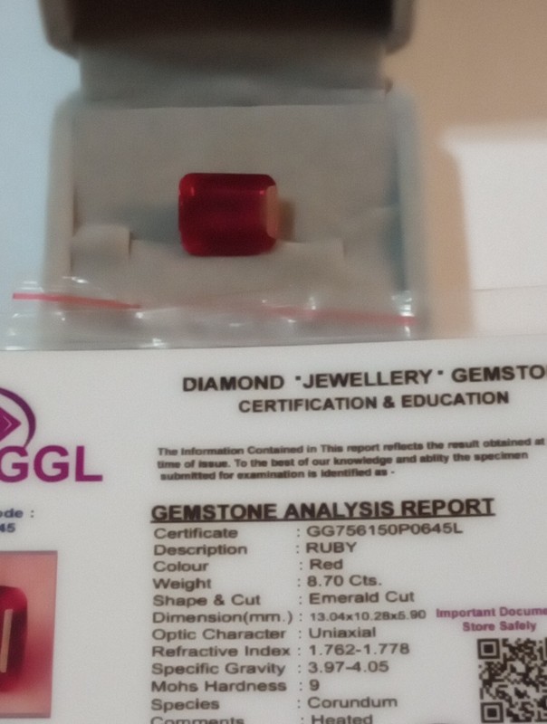 NATURAL EARTHMINED GGL CERTIFIED GEM TESTED EMERALD CUT HEATED RUBY 8.70 CTS