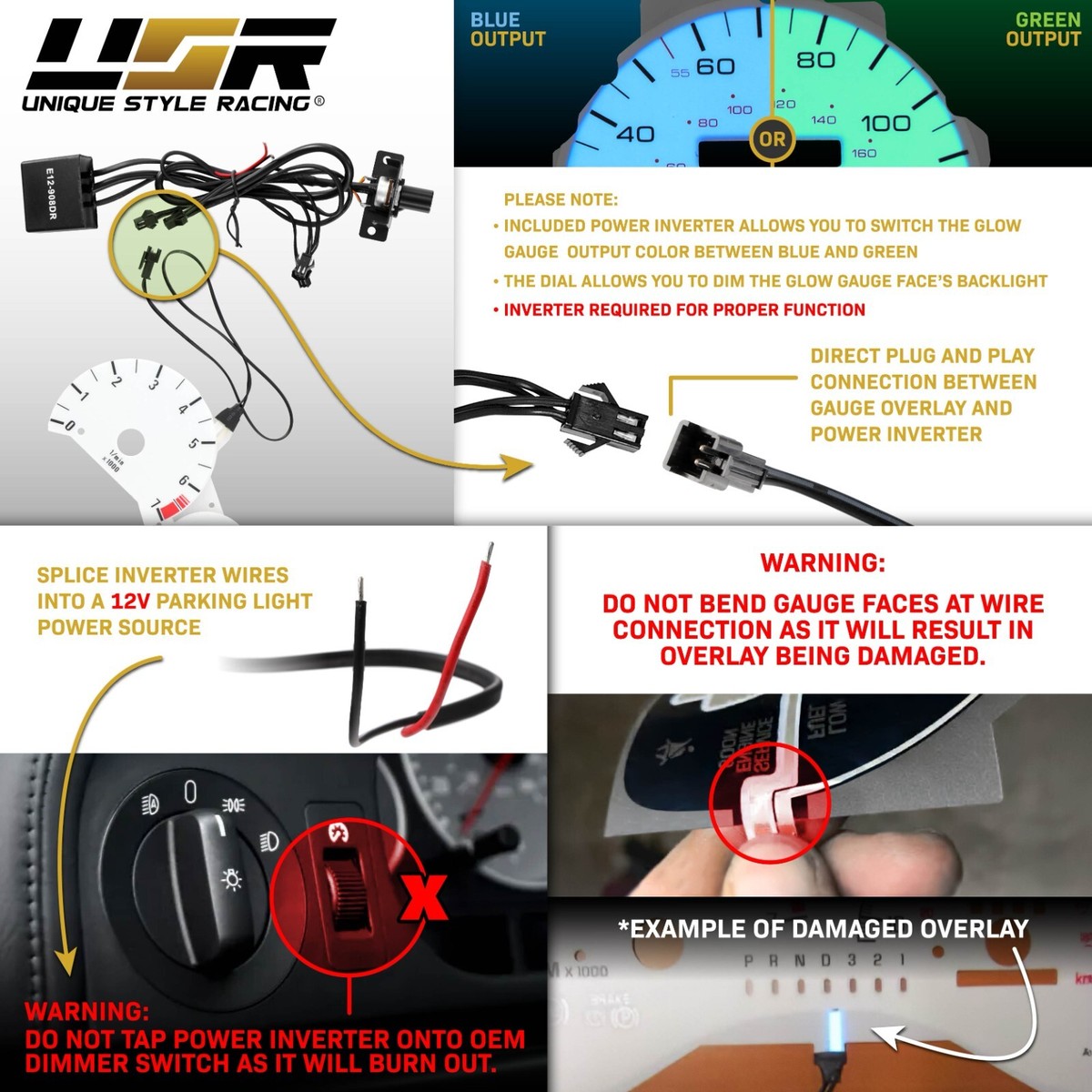 BLUE/GREEN Glow Gauge White Overlay For 92-96 Nissan 300ZX