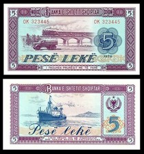 Albania P42b, 5 Lek, truck, steam passenger train on trestle / freighter  UNC