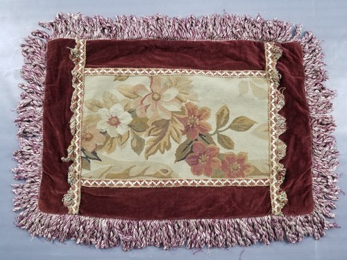 Antiker französischer Kissenbezug Aubusson Blumen Samt Bordüre & Rückenkissen 60 x 40 cm