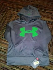 NWT UNDER ARMOUR BOYS GRAY GREY GREEN PULLOVER LOGO HOODIE HOODY