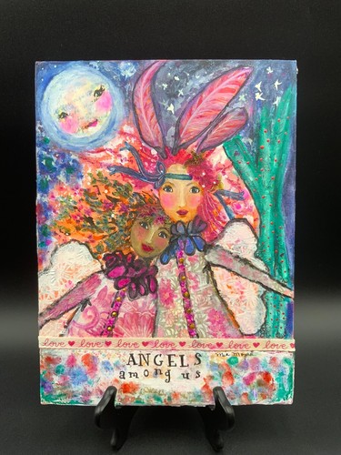 Ethereal Mia Moyad originale tecnica mista arte firmata ANGELI TRA NOI 12" x 9" - Foto 3 di 9