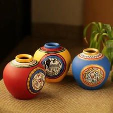 Madhubani & Warli Handpainted Flower Terracotta Vases For Home Décor Set Of 3 
