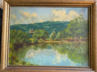 Oil Painting Sign E.Fischer `1940 Bathing Lake Menschen Mountain With Church