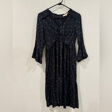 LOFT Black Pink Floral Ruffled Midi Boho Prairie HippieBell Sleeves Dress XS