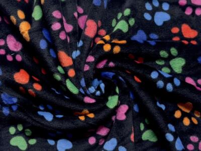 Doppelseitiger superweicher Kuschel Fleece Stoff Material MEHRERE PFOTEN AUF SCHWARZ