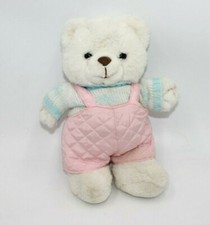 Russ Berrie White Teddy Bear Soft Plush Pink Overalls Sweater 12" Rare Standing