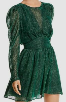 $798 Lini Women's Green Sheer Puff-Sleeve Keyhole Velvet Fit Flare Mini Dress S