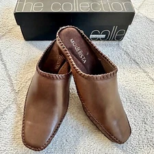 NIB Modellista Brown Leather Slip-On Kitten Heel Drive Mules Whipstitch Detail