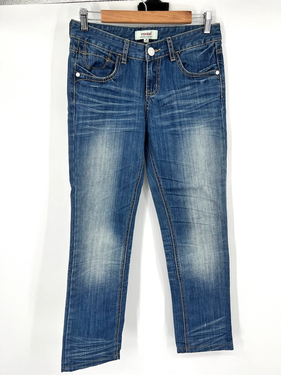 yishion Women s jeans Size 28 Distressed Heavy Cotton Blue Denim Mid Rise Pants