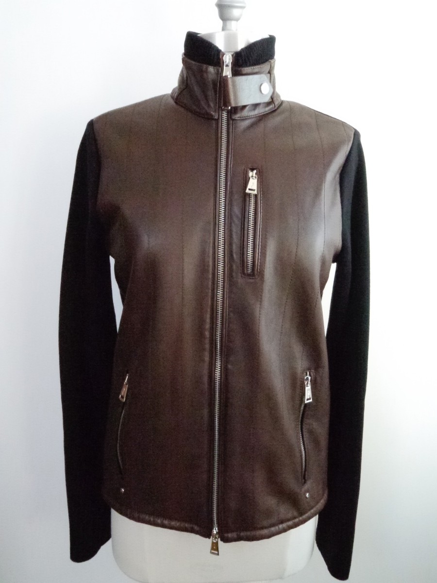 トップス ralph lauren black label leather knit NEW RALPH LAUREN Black Label brown leather black knit zip front