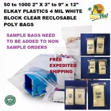 ELKAY Plastic Zip Seal Lock Top Reclosable 4 Mil White Block Clear Poly Bags