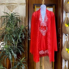 Plus Size Valentine Lingerie Set 1X  Red Sheer Robe Lace Halter Chemise Slip