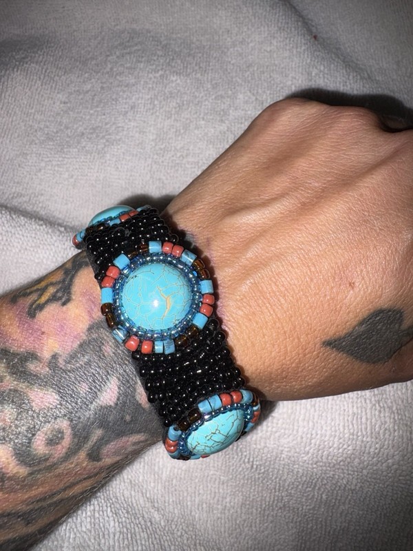 Seed Beads & Turquoise Cabochons Handcrafted On Suede Leather 8” Snap Close