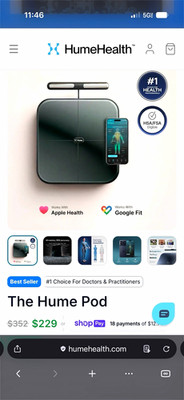 HumeHealth The Hume Pod Body Fat Scale BMI & Body Fat Measure Black App Support