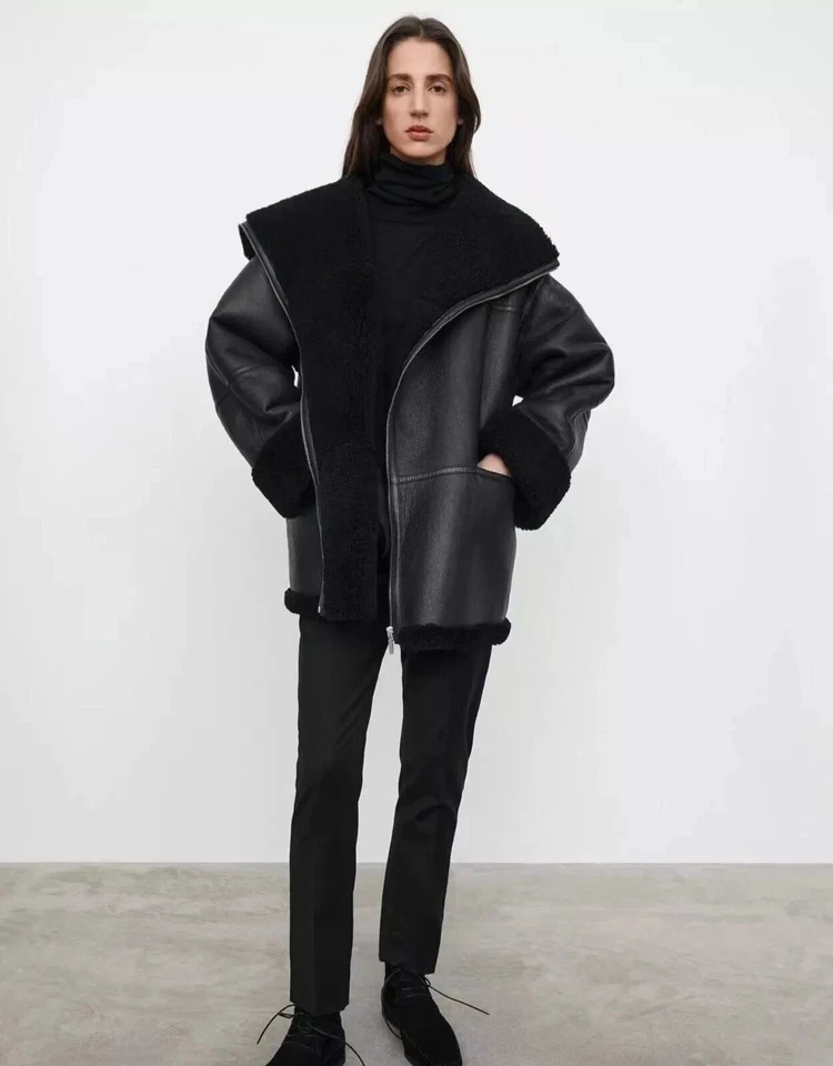 Women Black Faux Shearling Bomber Jacket Real Sheepskin Leather RAF Aviator Coat - Image 4 of 4