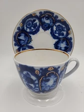 Lomonosov Imperial Porcelain 1744 St. Petersburg Tea Cup & Saucer Blue Gold Gilt