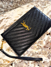 Saint Laurent Black Quilted Wristlet Zip Wallet w/ Logo, Wrist Strap, Cards
