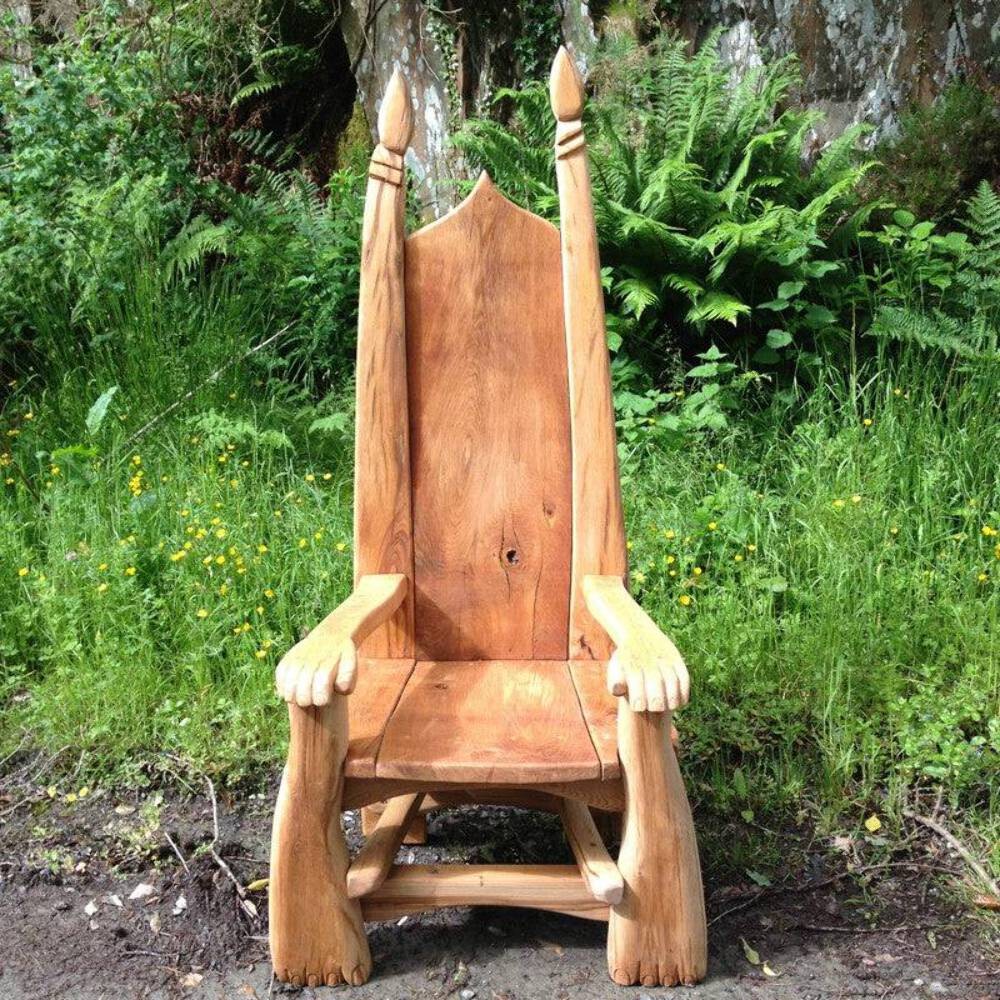 Rustic Handcrafted Throne Chair with Unique Carved Armrests – Natural Wooden Sta