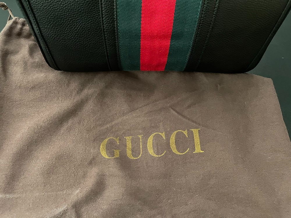 RARE! Gucci Black Leather Web Stripe Boston Bag Bauletto 14” Gold Hardware image 6
