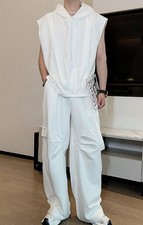 Chic Men Hooded Sleeveless Tops Long Wide-leg pants Loose Sport Clothing 2pc
