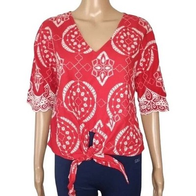 Free Generation Womens Top Size Medium Red Embroidered Eyelet Tie Front Blouse