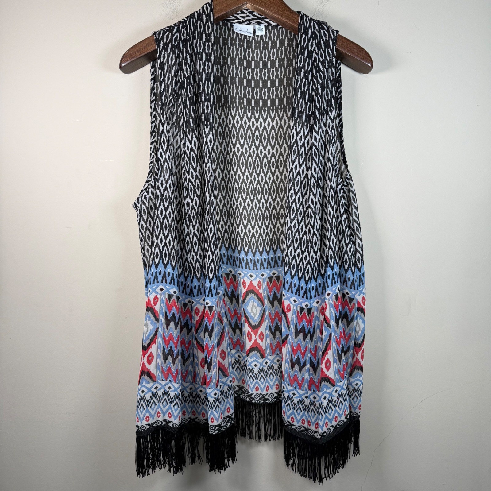Kim Rogers Woman Sheer Aztec Open Front Sleeveless Cardigan 2X