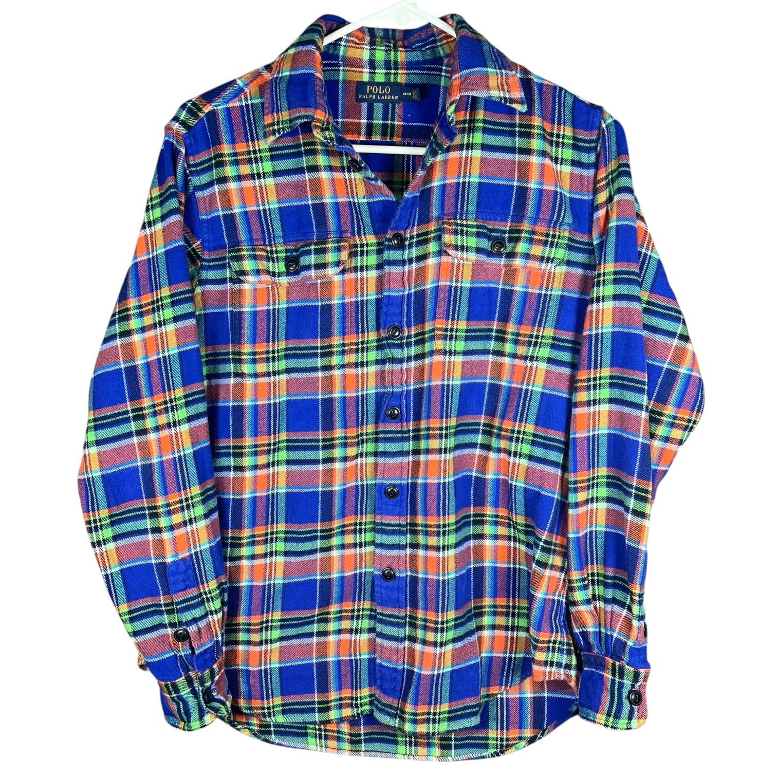 Polo Ralph Lauren Men's Flannel Shirt Plaid Blue Orange Green Size Medium