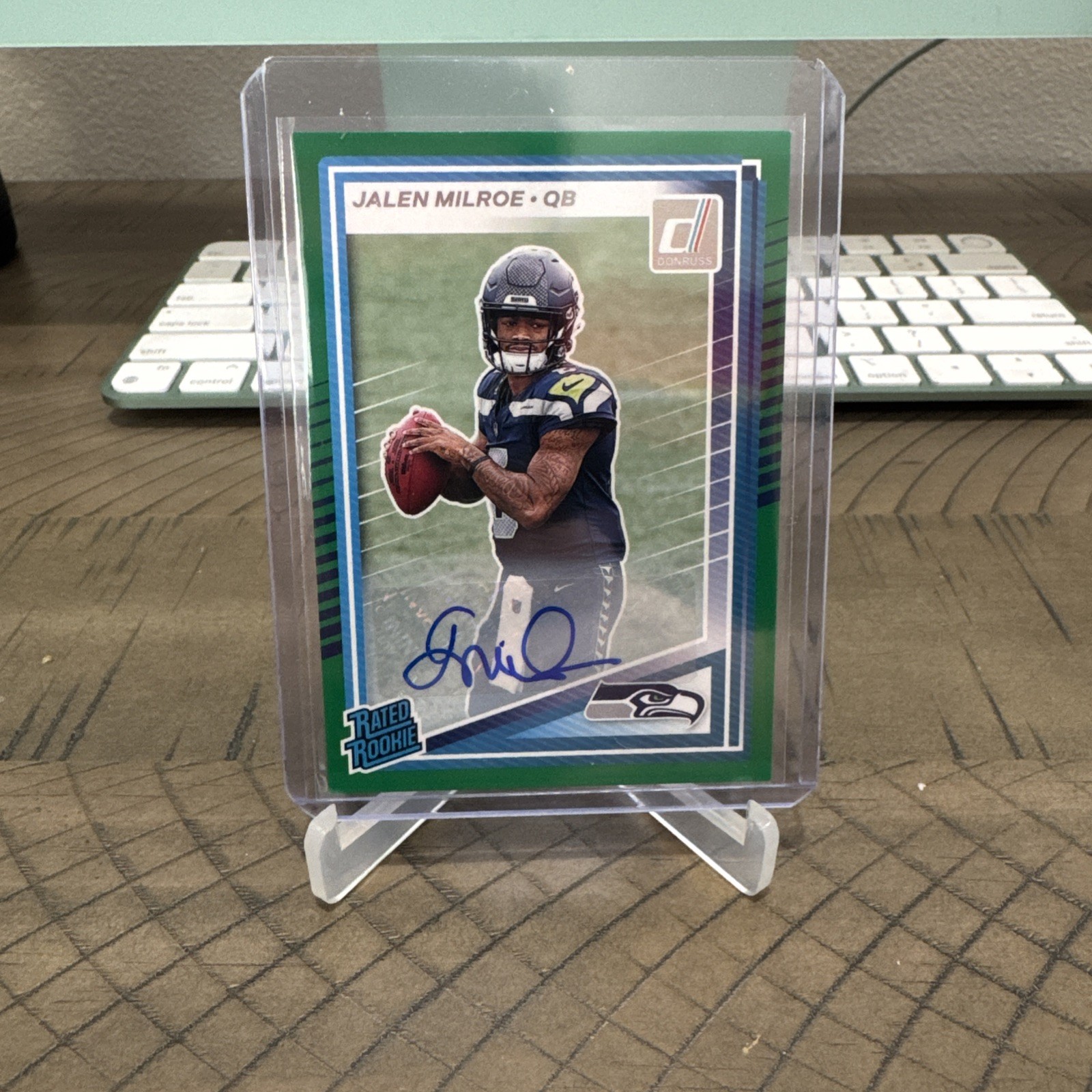 2025 Donruss Jalen Milroe Rated Rookie Auto Rookie RC Green Press Proof Seahawks