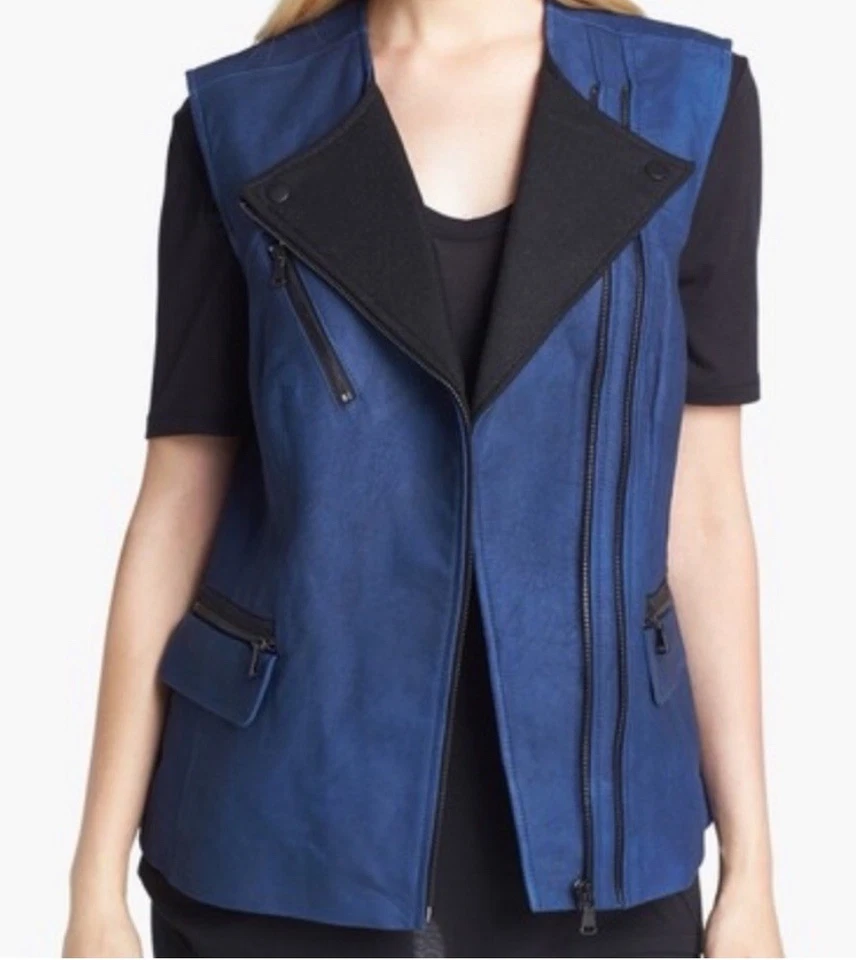 Rebecca Taylor Lamb Leather Motto Vest Cobalt Blue Womens Sz Small Retail $695 - Image 2 of 4