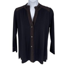 Misook Knit Cardigan Blazer Black Brown Trim Button Front Size XL