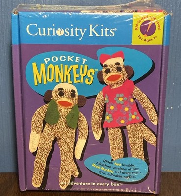 VINTAGE Pocket Monkeys Kit Craft - Curiosity Kits 2 Sock Monkey Plush, NEW NOS