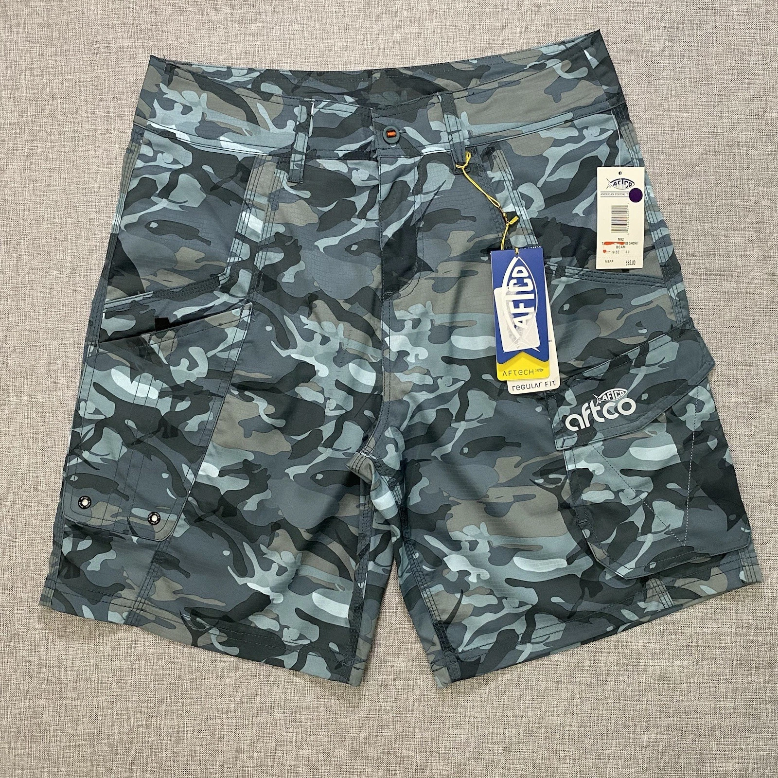 AFTCO Ripstop Tactical Camo Cargo Fishing Shorts Mens 30 Blue NWT