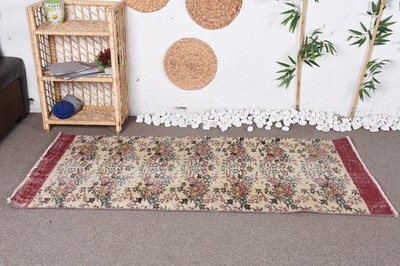 Vintage Rug 3x6,1 ft, Beige Red Oriental Wool Turkish Rug