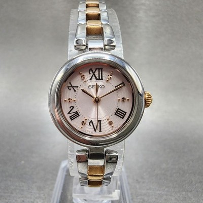 Seiko Solar Watch Women 23mm Pink Dial Two Tone Round V117-0CV0