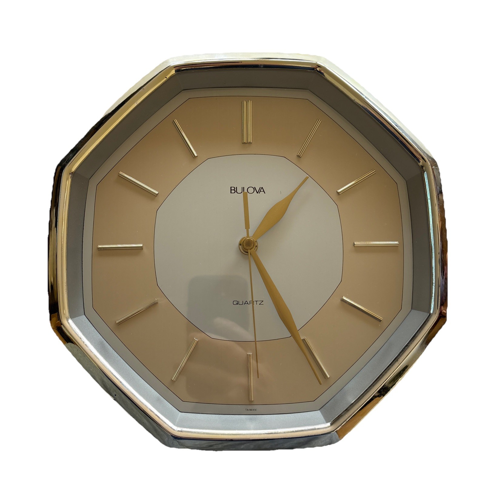 BULOVA Quartz Octagonal GOLD SILVER TONE Finish Analog WALL CLOCK C4660 TESTED