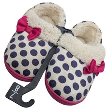 Wonder Nation Polka Dot Slippers Navy Pink Faux Fur Bow Size 7-8 Kids House Shoe