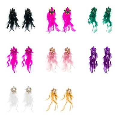 Long Drop Earrings Rhinestones Flower And Feather Bohemian Styles