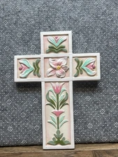 White And Pink Floral Resin Cross Wall Decor  SH