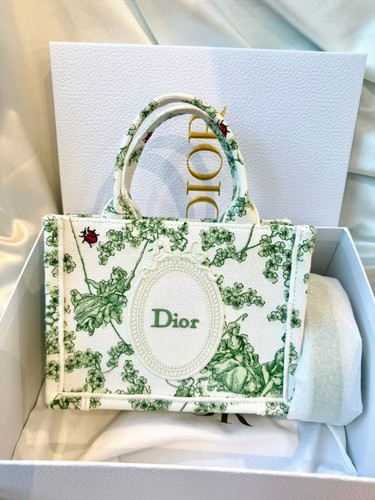 Dior Book Tote Mini Green Embroidered Canvas Tote Bag White Floral Design