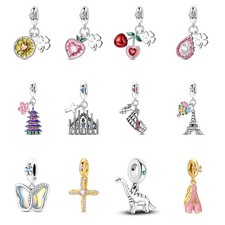 European 925 Silver DIY Charm CZ Fruit and Buildings Pendant fit Women Bracelet