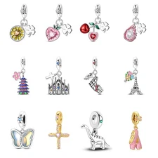 European 925 Silver DIY Charm CZ Fruit and Buildings Pendant fit Women Bracelet