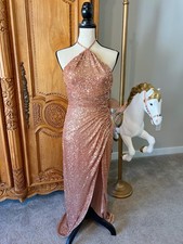 NWT Ieena Mac Duggal 27128 Halter Sequin Side Front Slit Copper Gown Size 4 $398