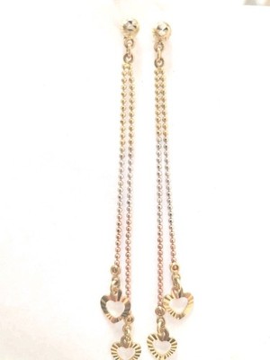 A. Extra Long Dangling Heart Earring 14k Gold Tri-color Diamond Cut 70mm Long 