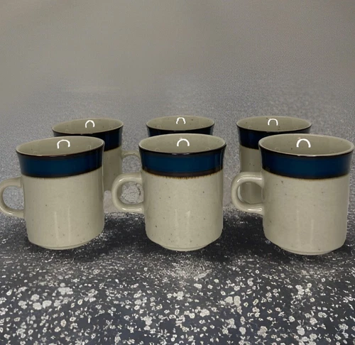 Rainbow Stoneware Mariana 652 Coffee/Tea Cups-Tan Blue Brown Set/6- 6oz each