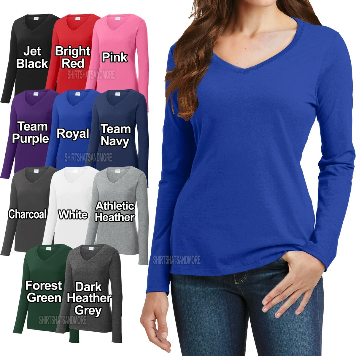 Ladies Plus Size Long Sleeve V-Neck T Shirt Cotton Womens Top Tee