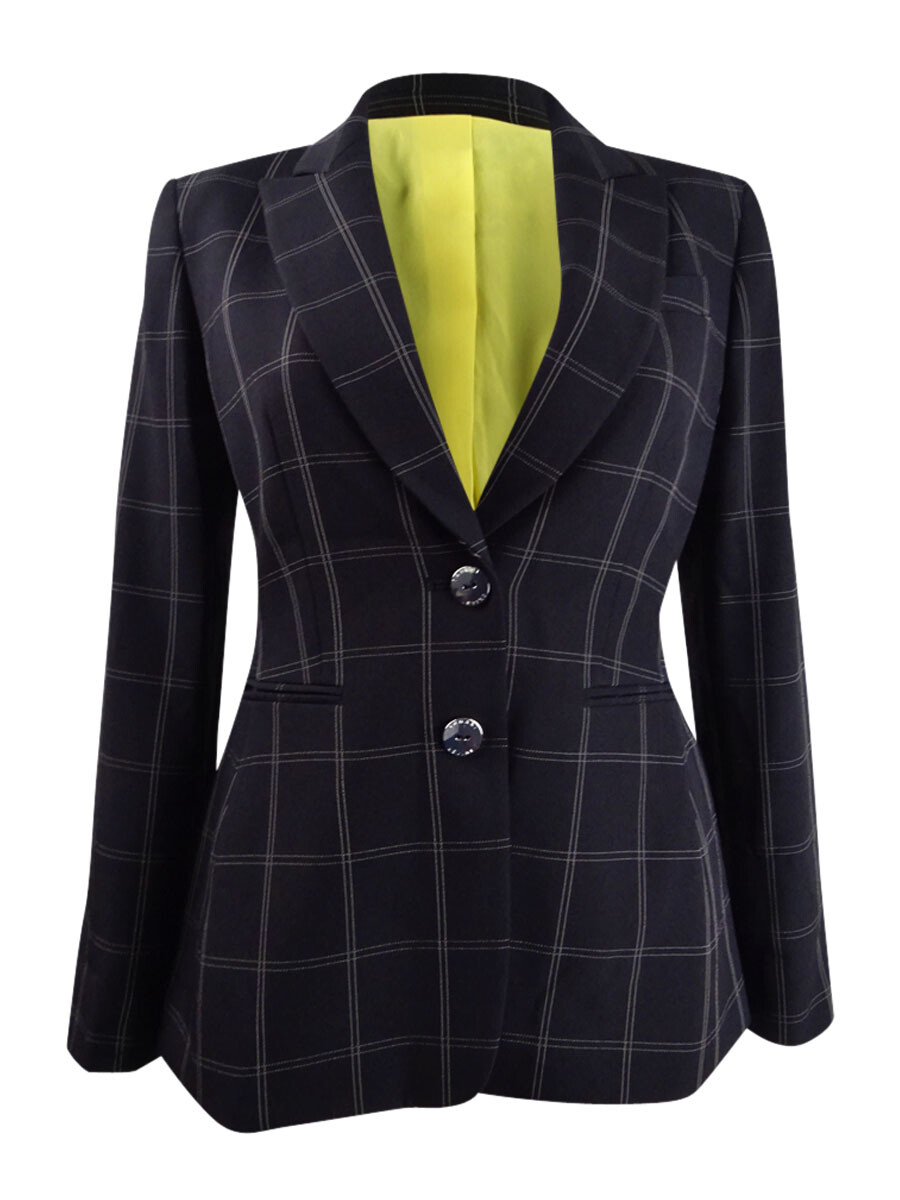 Tahari ASL Women's Petite Plaid Roll-Sleeve Blazer (0P, Black