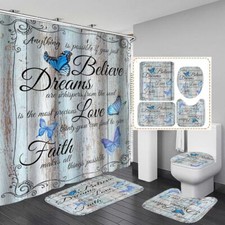 4 Pcs Blue Butterfly Shower Curtain and Mat Set for Bathroom Decor