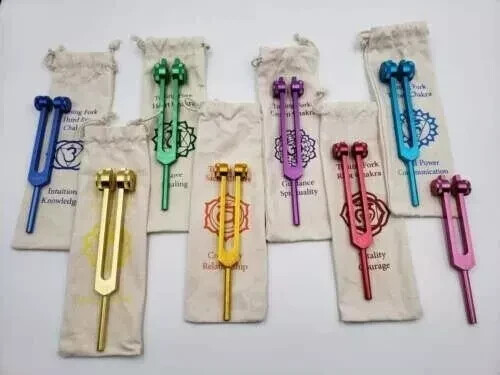 Chakra Tuning Fork Set of 8 COLOR WEIGHTED Healing with Marked Chakra Bags